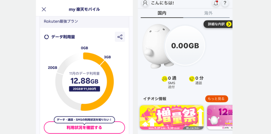 筆者とある月の楽天モバイルとpovoで消費したギガ